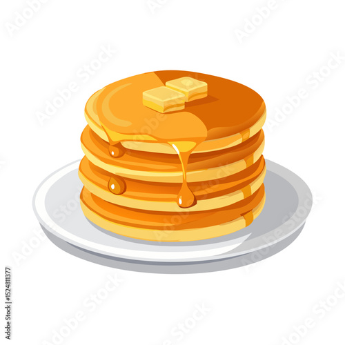 A delectable stack of golden pancakes drizzled with syrup and topped with two pats of melting butter, served on a white plate.
