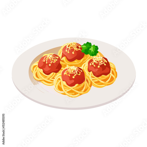 A delicious plate of spaghetti and meatballs, topped with rich tomato sauce, grated cheese, and a fresh sprig of parsley.
