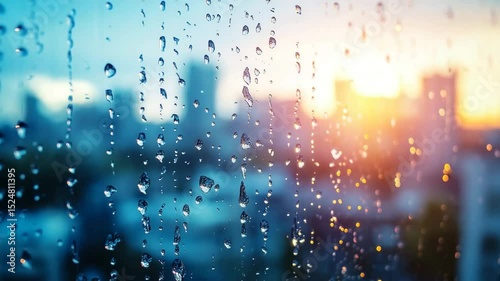 A city skyline with a beautiful blue sky and a few drops of rain on the window. Scene is serene and peaceful, as the rain creates a calming atmosphere