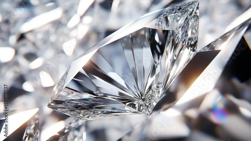 A close up of a diamond with a lot of facets. The diamond is very clear and shiny