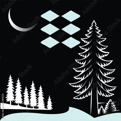 Night Forest Silhouette: A serene and minimalistic nighttime scene features a crescent moon, geometric cloud formations, and silhouetted evergreen trees.