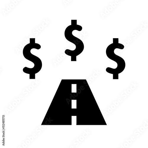 Road to riches shown as asphalt path with dollar signs. Path to financial success illustrated with simple road and money symbols.  Financial growth concept icon for business presentations.