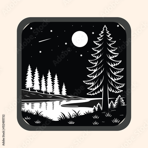 Night Lake and Pine Trees: A serene black and white illustration of a moonlit lake nestled amongst tall pine trees under a starry night sky.