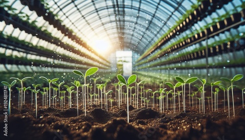Seedlings in a modern greenhouse environment with a clear focal point.