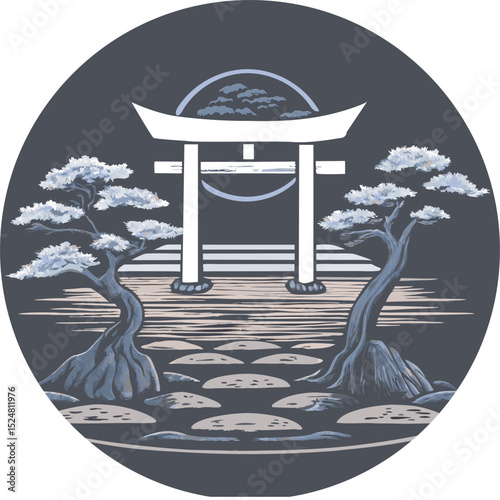 Serene Shrine: A detailed graphic illustration captures the essence of tranquility, featuring a minimalist Shinto shrine set against a backdrop of meticulously rendered trees.