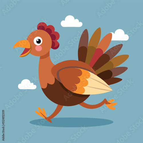 Cartoon Turkey Running with Colorful Feathers Against a Blue Sky Background