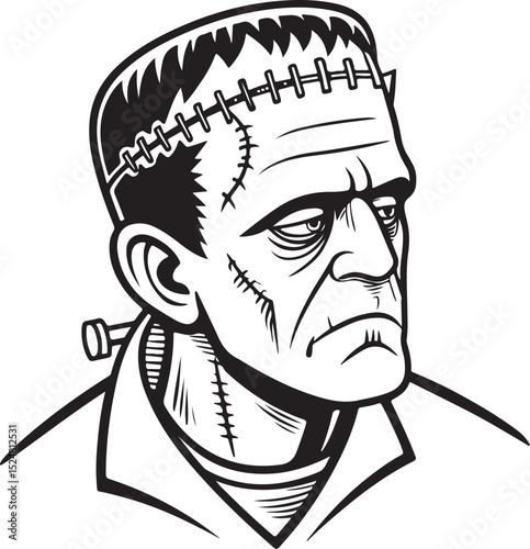 scary frankenstein face Vector Illustration, Sketch Drawing Line Linear Symbol Icon Engraving Coloring Book, Hand-drawn Black and White Isolated