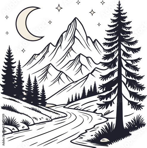 Nature's Serenade: A monochrome depiction of towering mountain peak with a serene river winding through a lush forest under the celestial gaze of the moon and stars.