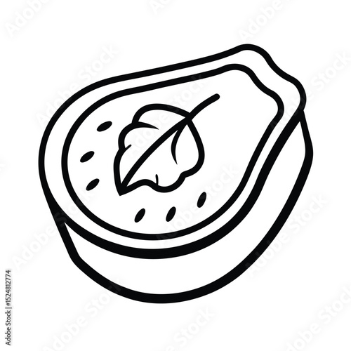 Minimalistic illustration of papaya slice with leaf and seeds in a black and white line art style