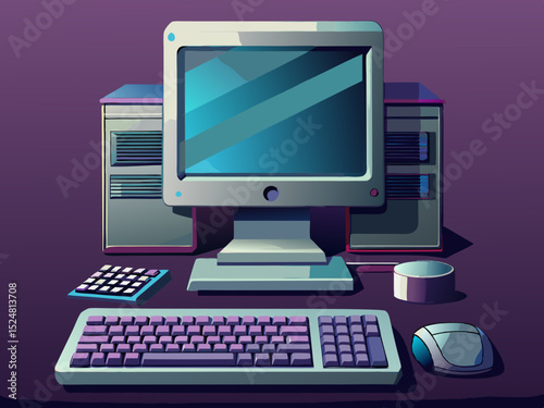 vector of Silver desktop computer and keyboard on dark background