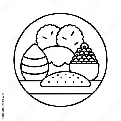 Simple and stylized line art illustration of a breakfast meal composition within a circle