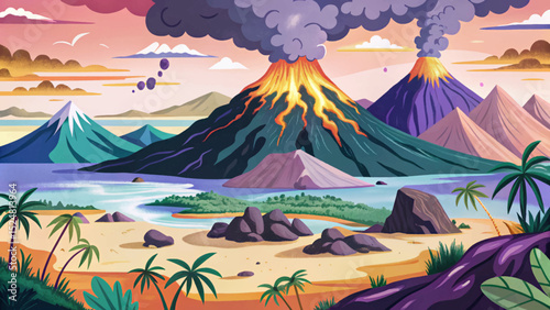 Vector illustration of an active volcano landscape with erupting lava and smoke perfect for adventure themes, science visuals, gaming backgrounds, and natural disasters