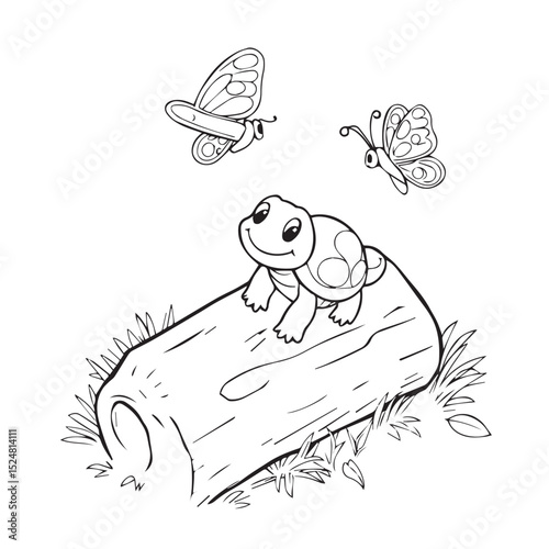 Cute cartoon turtle on log with butterflies coloring page