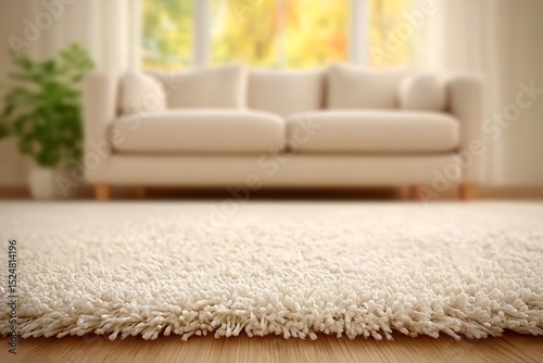 Elegant living room interior featuring a soft white shag rug and blurred couch in a cozy setting