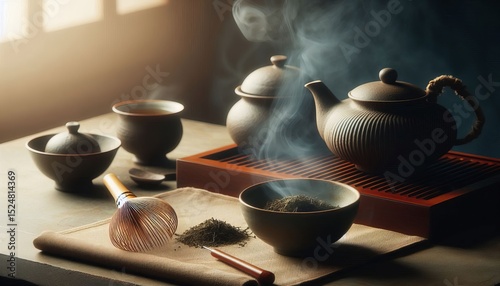 A quiet Zen tea ceremony with ceramic cups and bamboo whisk. Tea ceremony background.