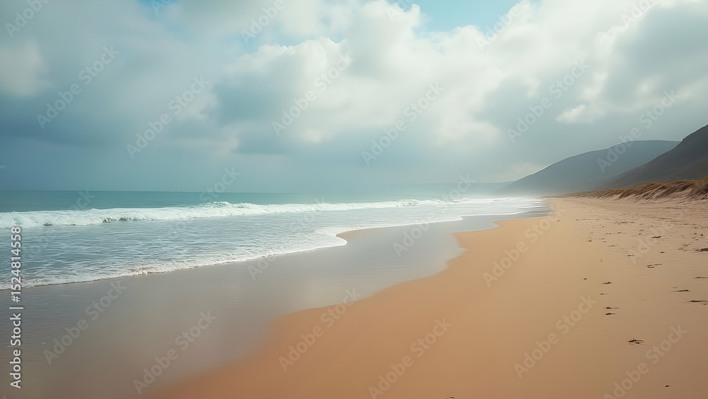 Fototapeta premium Ocean waves washing onto a sandy beach under cloudy sky