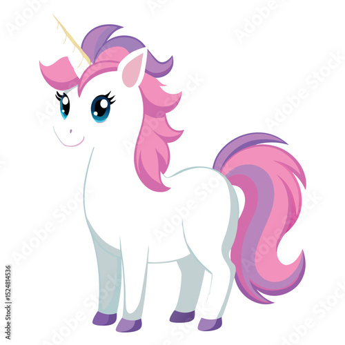 Cartoon White Unicorn with Pink and Purple Mane and Tail Illustration