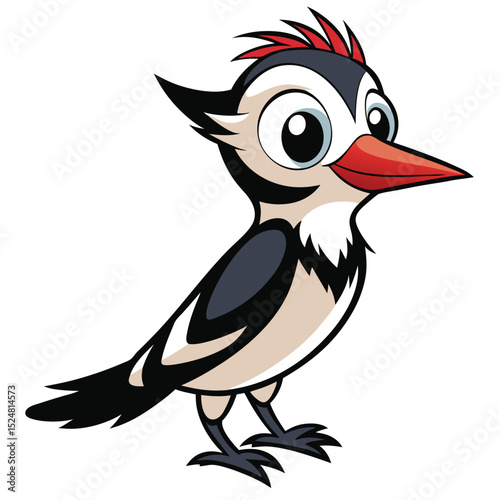 Cartoon woodpecker with red crested head looks forward in a art