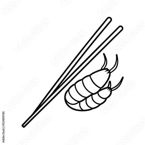 Simple black and white line art illustration depicting shrimp and chopsticks on a white background