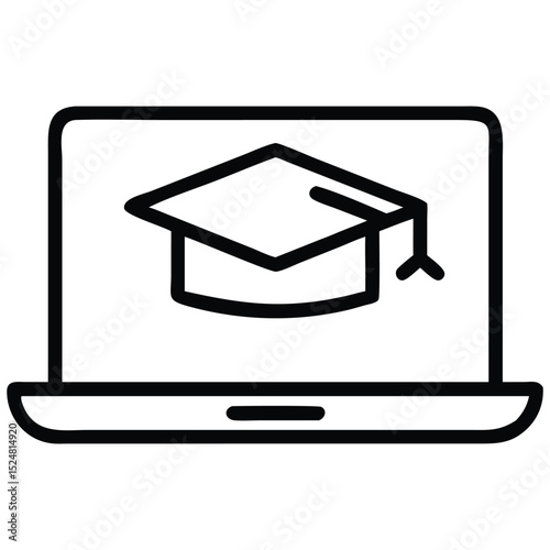 Online Education Icon Laptop with Graduation Cap Illustration for Learning