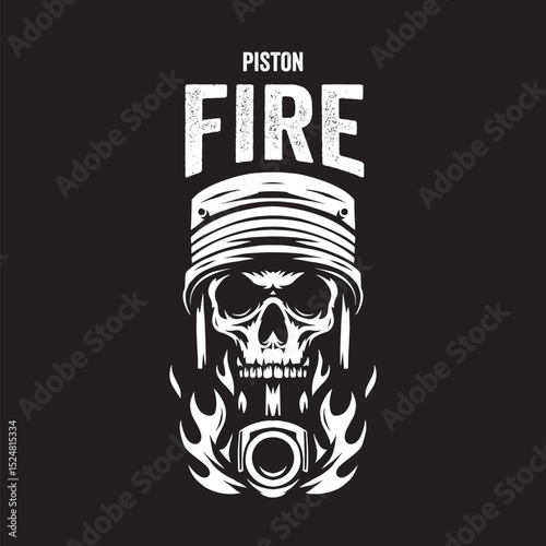 Vintage illustration of a piston with a skull head and flames
