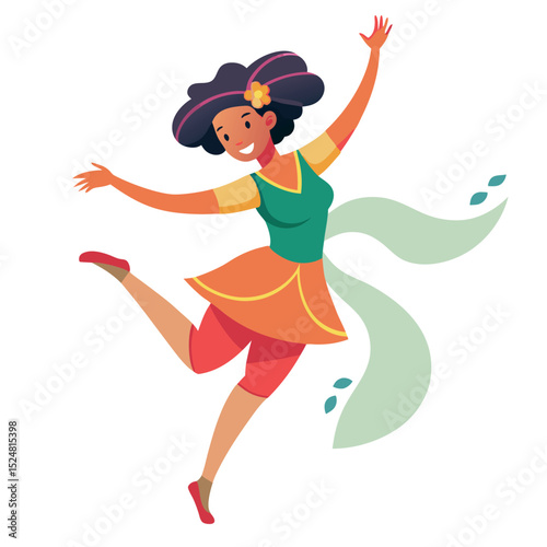 Cartoon Woman Joyfully Leaping with Ribbon Trails, Expressing Freedom and Happiness