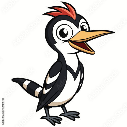 Cheerful cartoon woodpecker stands brightly, featuring red crest feathers and a happy expression