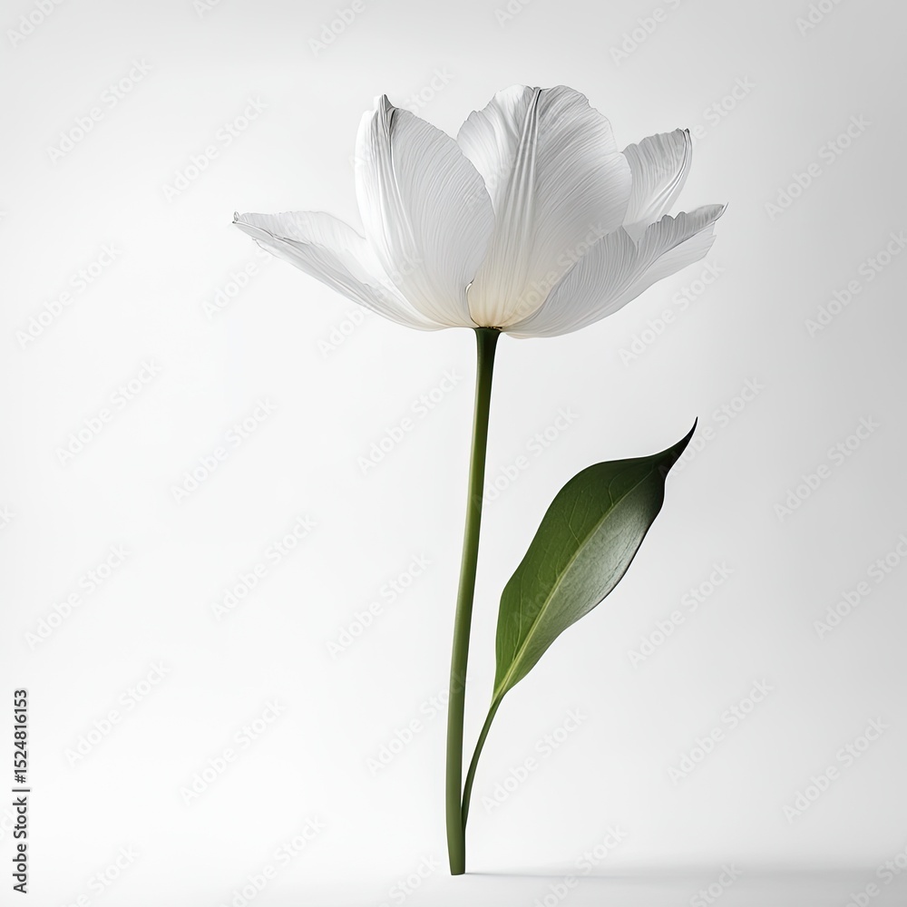Fototapeta premium Single white tulip blossom with green leaf, isolated on white background