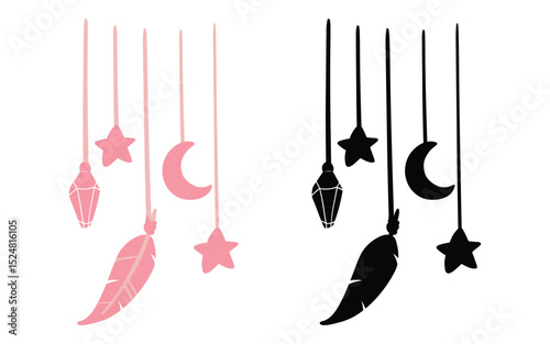 moon, stars and feathers design, vector, isolated on transparent background