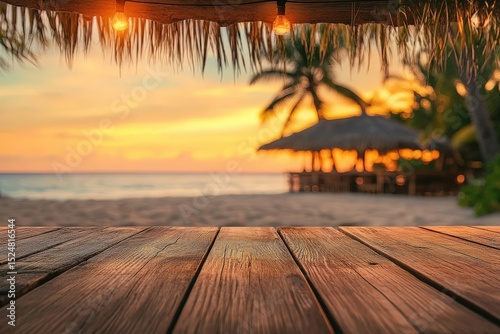 Fototapeta Naklejka Na Ścianę i Meble -  Wooden deck overlooking a tropical sunset beach scene.