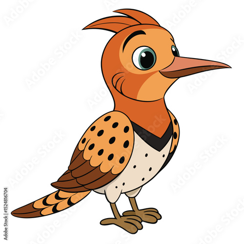 Orange hoopoe cartoon bird poses against a clean white backdrop with charm