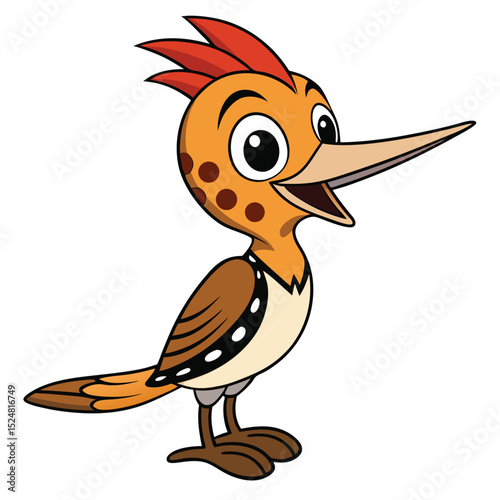 Cheerful cartoon hoopoe with orange plumage, black spots, and curved beak perches