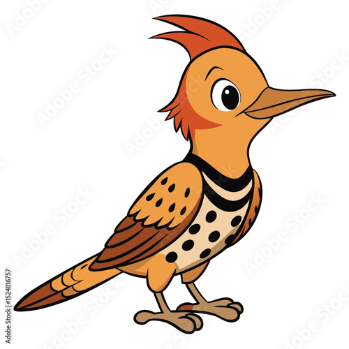 Cute cartoon northern flicker woodpecker bird stands with a friendly expression on its face