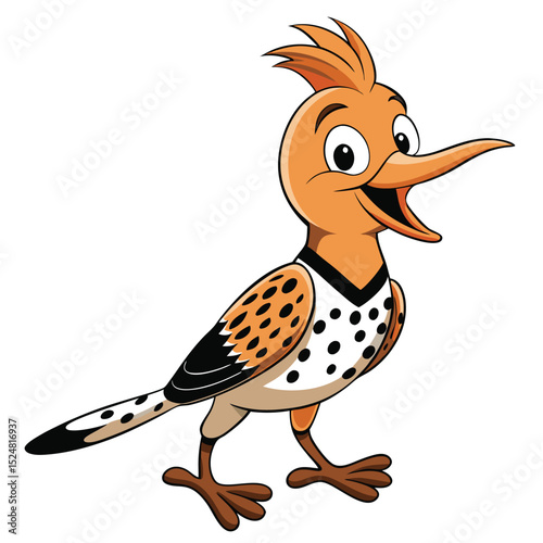 Orange cartoon hoopoe bird stands cheerfully while looking at something interesting on white