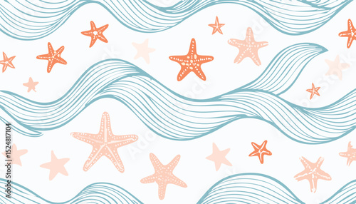 Simple Abstract Waves Seamless Pattern with Hand-Drawn Undersea Elements and Starfish – Vector Ocean Design