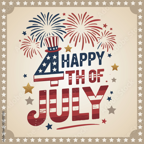 Vintage 4th of July Typography with Fireworks and Patriotic Elements – Independence Day Celebration Vector