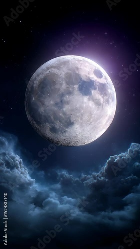 Glowing full moon in the dark night sky with scattered stars and dramatic swirling dark clouds below, ethereal scene.