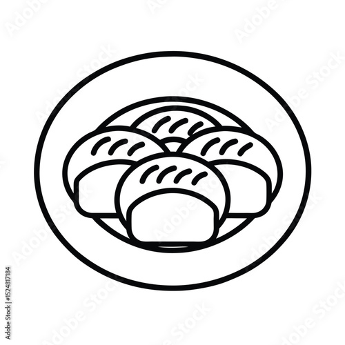 Simple black and white line art illustration of dumplings served on a plate for culinary designs