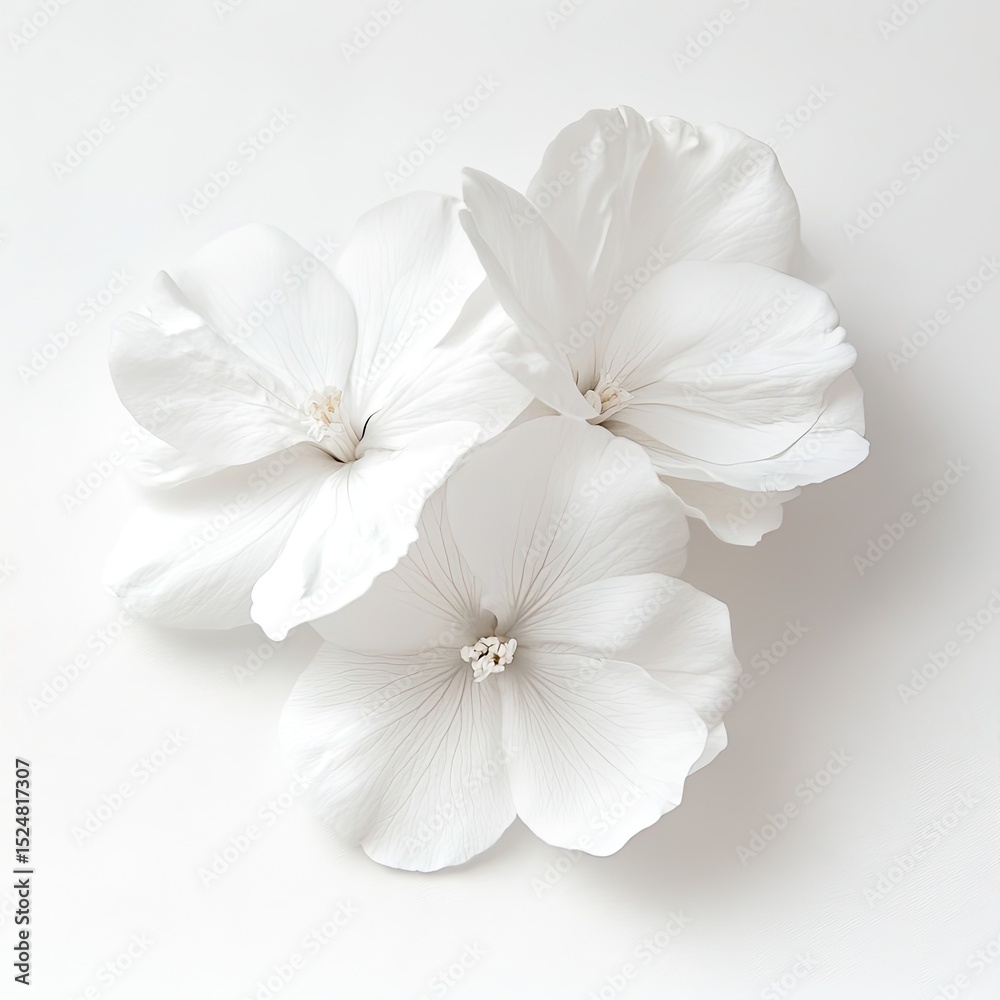 Fototapeta premium Three pristine white flowers arranged on a white background. The soft lighting emphasizes their delicate petals and subtle texture