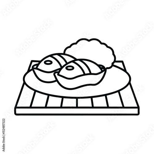 Simple black and white sushi illustration depicting japanese cuisine on a wooden tray