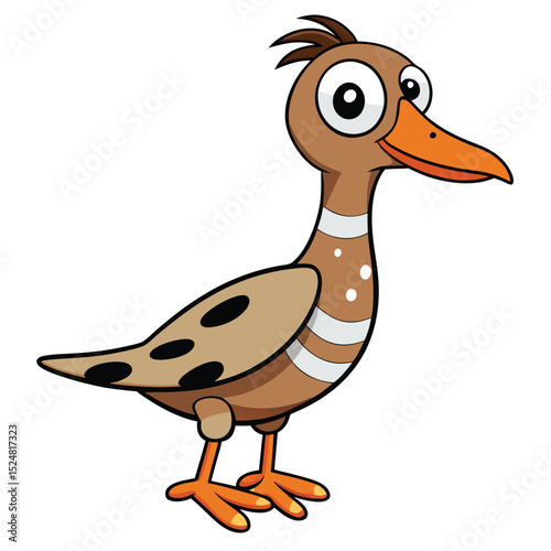 Cartoonish brown bird is standing, featuring big eyes and an orange beak