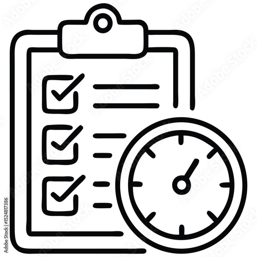 Outline Icon Checklist with Check Marks and Clock Illustrating Time Management and Productivity