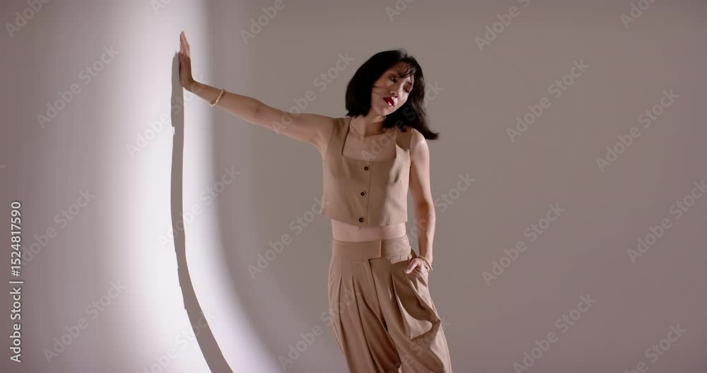 Chinese female model placing left hand on curved studio wall shifting head poses during photoshoot