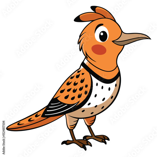 Cute orange cartoon hoopoe bird with black accents stands cheerfully looking towards the right