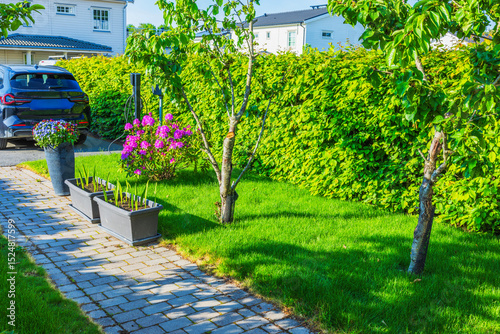 Fototapeta Naklejka Na Ścianę i Meble -  Beautiful view of villa garden design landscape with electric car charging with rhododendron, pansies, lawn, trees and green hedge. Sweden.