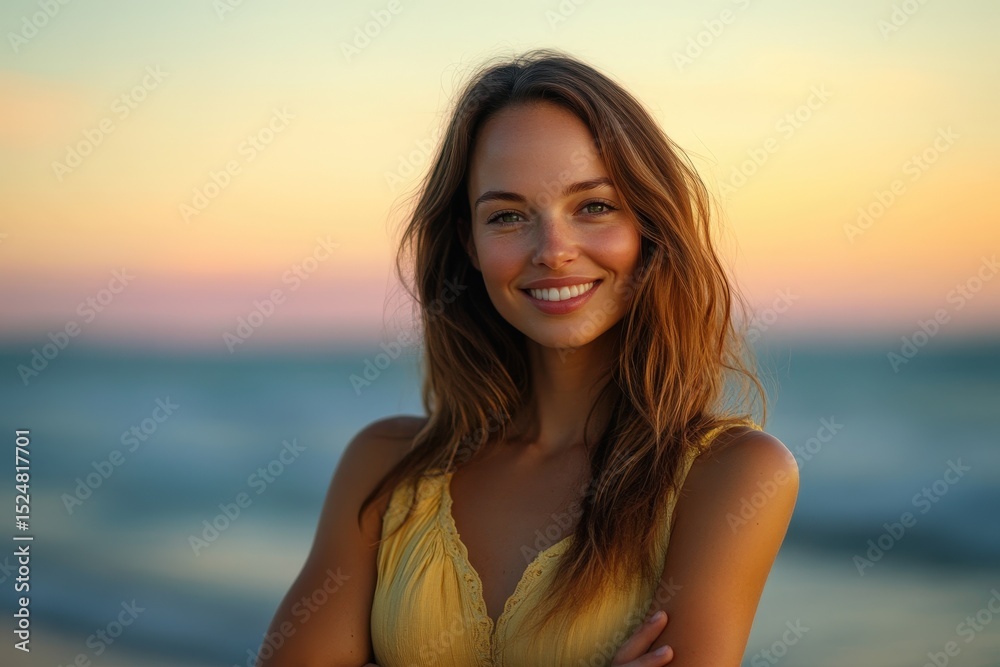Smiling woman at sunset by the ocean. Smiling woman at sunset by the ocean.