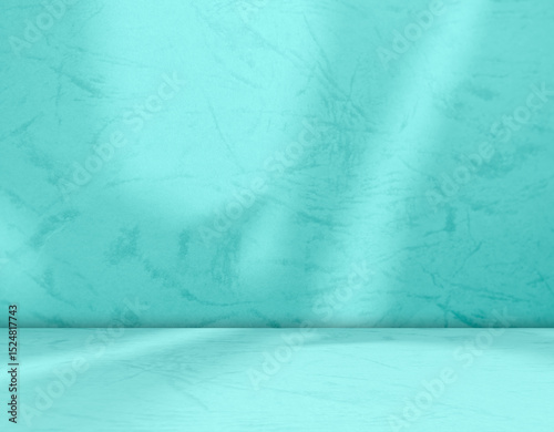 Blue background, wall summer backdrop, studio room loft table with natural shadow on wall floor, mockup pastel abstract interior modern empty for presentation travel product winter spring season
