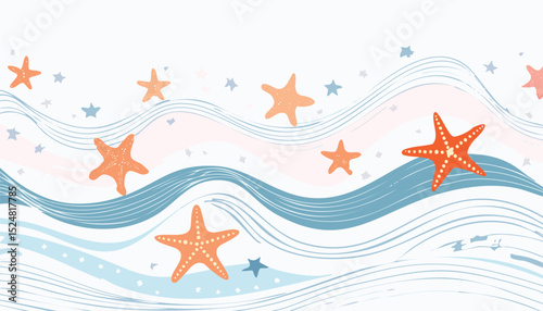 Simple Abstract Waves Seamless Pattern with Hand-Drawn Undersea Elements and Starfish – Vector Ocean Design