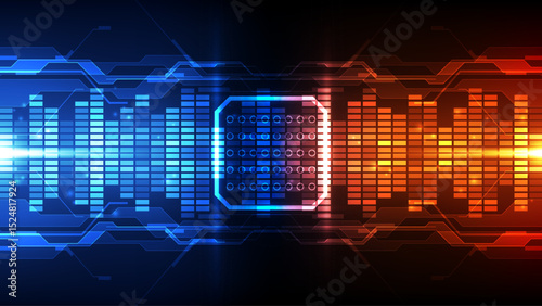 Abstract technology chip processor background circuit board and code, illustration blue technology background vector.