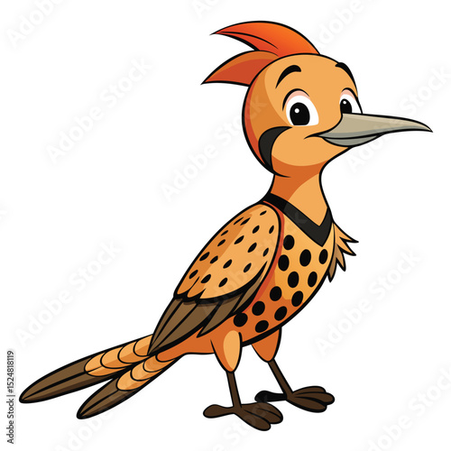Playful cartoon flicker bird looks cheerful standing upright with black spots and orange crest
